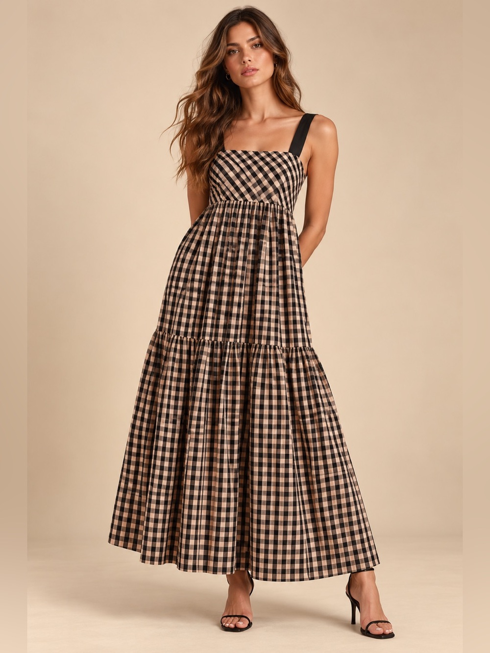 Hunter Bell Easton Gingham Maxi Dress Black Brown Tiered Square Neck Tie Back XS